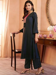 Navy Blue Ethnic Motifs Yoke Design Regular Thread Work Kurta with Trousers