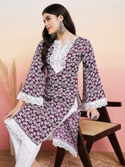 Purple Floral Printed Thread Work Straight Kurta