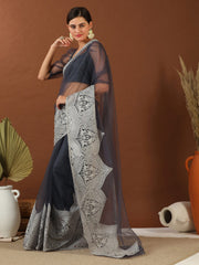 Grey Embroidered Net Saree