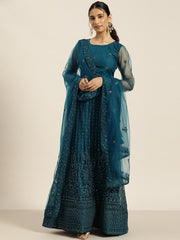 Teal Blue Embroidered Beads and Stones Semi-Stitched Lehenga & Blouse With Dupatta