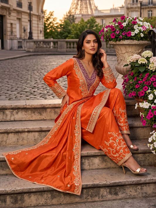 Orange Multiple Embroidery Work Festive Palazzo Dress