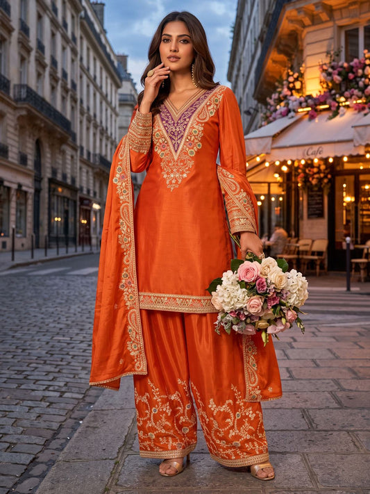 Orange Multiple Embroidery Work Festive Palazzo Dress