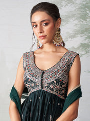 Dark Green Multi Embroidery Traditional Anarkali Suit