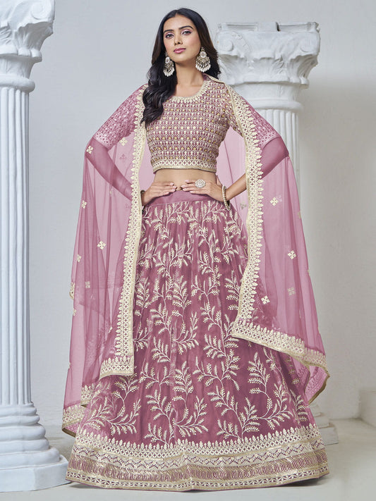 Pink Net Embroidered Lehenga Choli in