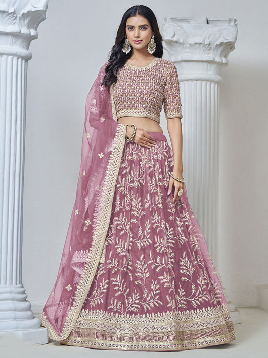 Pink Net Embroidered Lehenga Choli in