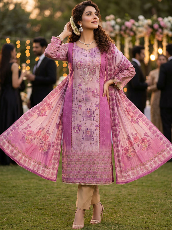 Fusia Pink Jardosi Hand Work Cotton Kurta Set
