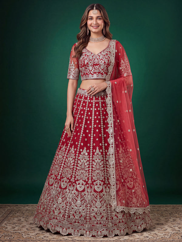 Red Zari Dori & Multiple Sequins Wedding Lehenga Choli