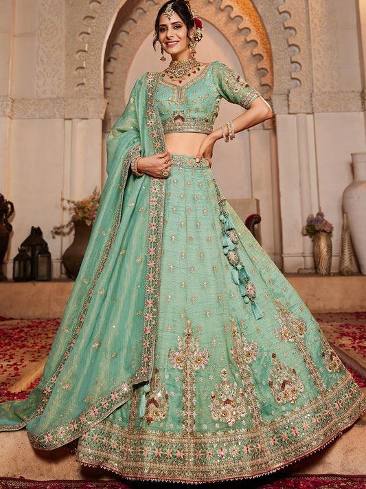 Lime green colour Tissue Sequinse embroidery Semi-Stitched Lehenga choli and Dupatta