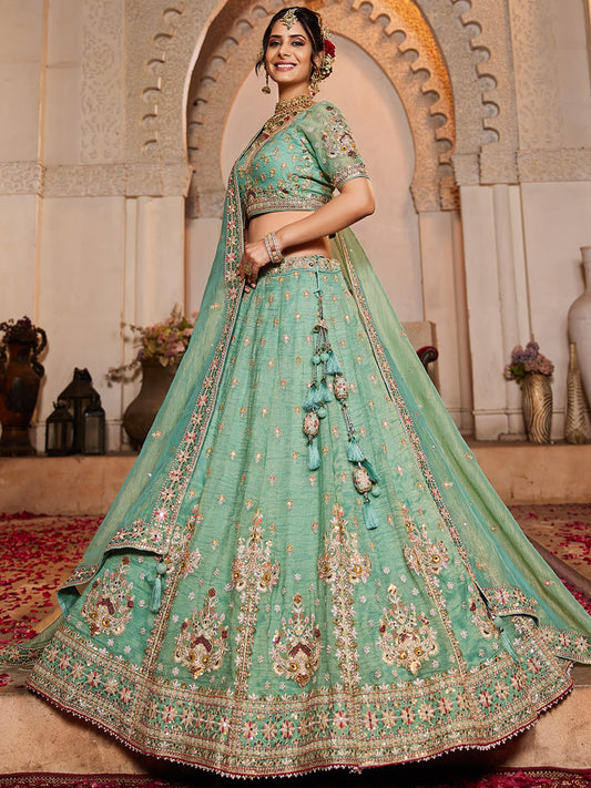 Lime green colour Tissue Sequinse embroidery Semi-Stitched Lehenga choli and Dupatta