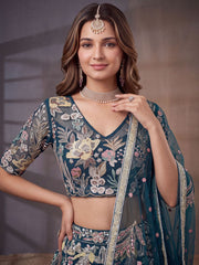 Amazing Teal Blue Embroidered Net Wedding Wear Lehenga Choli With Dupatta