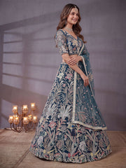 Amazing Teal Blue Embroidered Net Wedding Wear Lehenga Choli With Dupatta