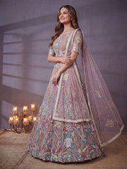 Lovely Lavender Embroidered Net Wedding Wear Lehenga Choli With Dupatta