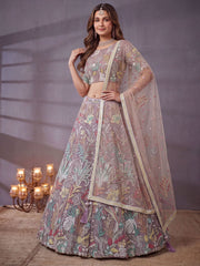 Lovely Lavender Embroidered Net Wedding Wear Lehenga Choli With Dupatta