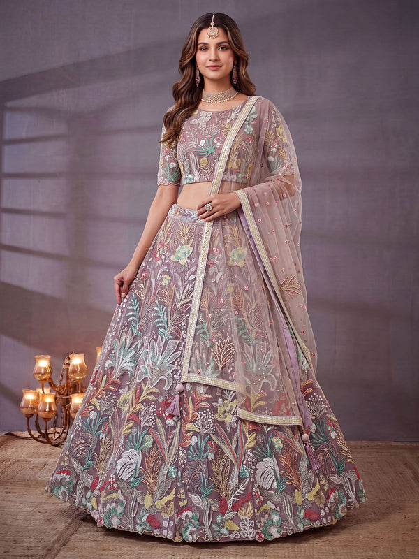 Lovely Lavender Embroidered Net Wedding Wear Lehenga Choli With Dupatta
