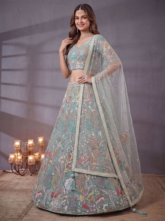 Elegant Pista Green Embroidered Net Wedding Wear Lehenga Choli With Dupatta