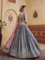 Grey Color Silk Fabric Sequins embroidery Semi-Stitched Lehenga choli & Dupatta