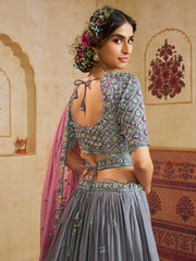 Grey Color Silk Fabric Sequins embroidery Semi-Stitched Lehenga choli & Dupatta