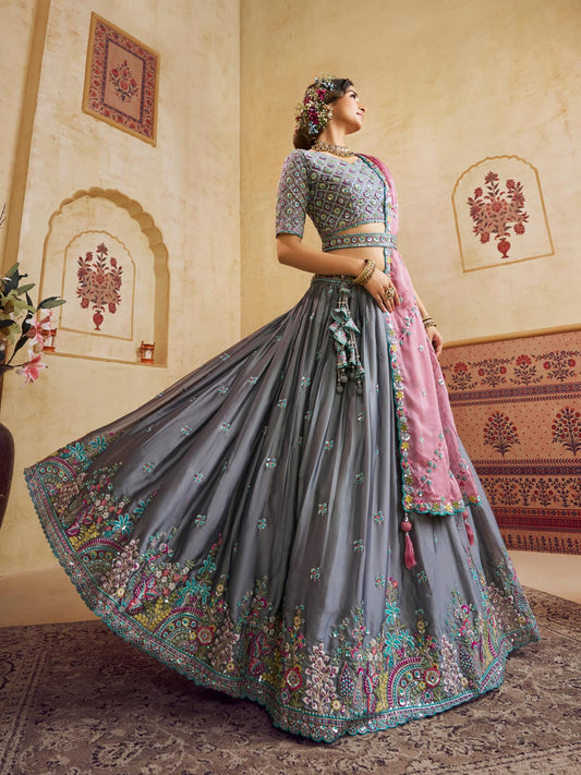 Grey Color Silk Fabric Sequins embroidery Semi-Stitched Lehenga choli & Dupatta