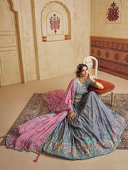 Grey Color Silk Fabric Sequins embroidery Semi-Stitched Lehenga choli & Dupatta