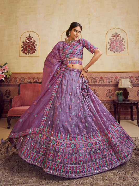 Lavender Color Organza Fabric Sequins embroidery Semi-Stitched Lehenga choli & Dupatta
