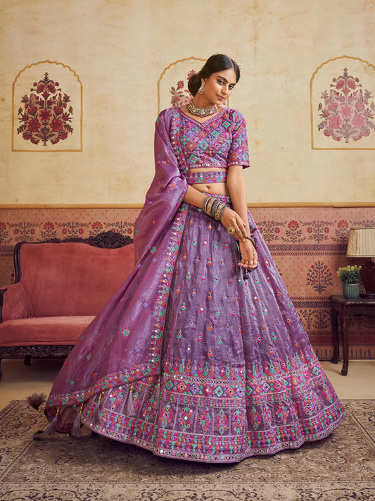 Lavender Color Organza Fabric Sequins embroidery Semi-Stitched Lehenga choli & Dupatta