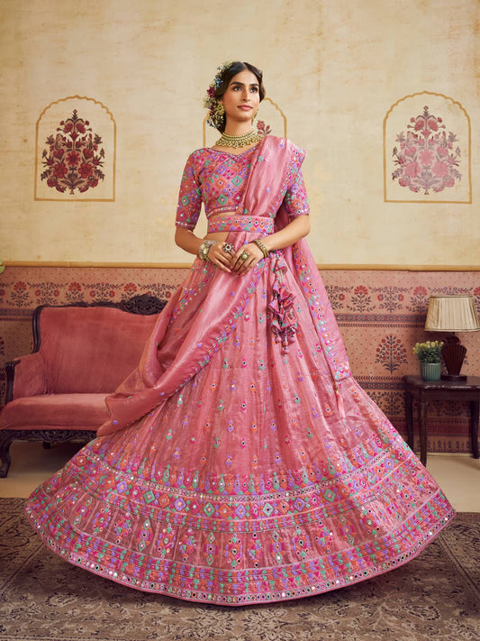 Pink Color Organza Fabric Sequins embroidery Semi-Stitched Lehenga choli & Dupatta