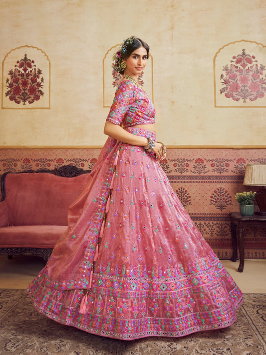 Pink Color Organza Fabric Sequins embroidery Semi-Stitched Lehenga choli & Dupatta