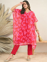 Red & pink Floral Printed V-Neck Regular Kaftan Kurta With Trousers