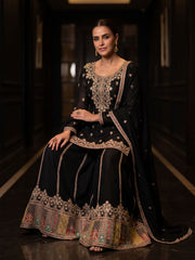 Black Chinon Embroiderd Sharara Suit