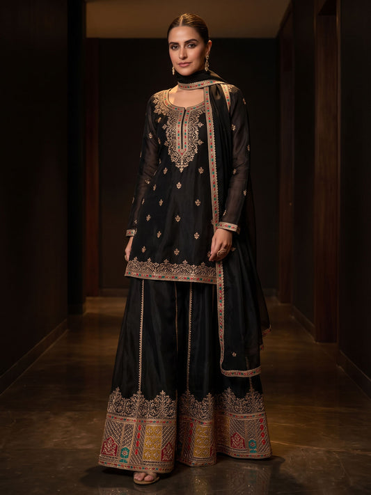 Black Chinon Embroiderd Sharara Suit