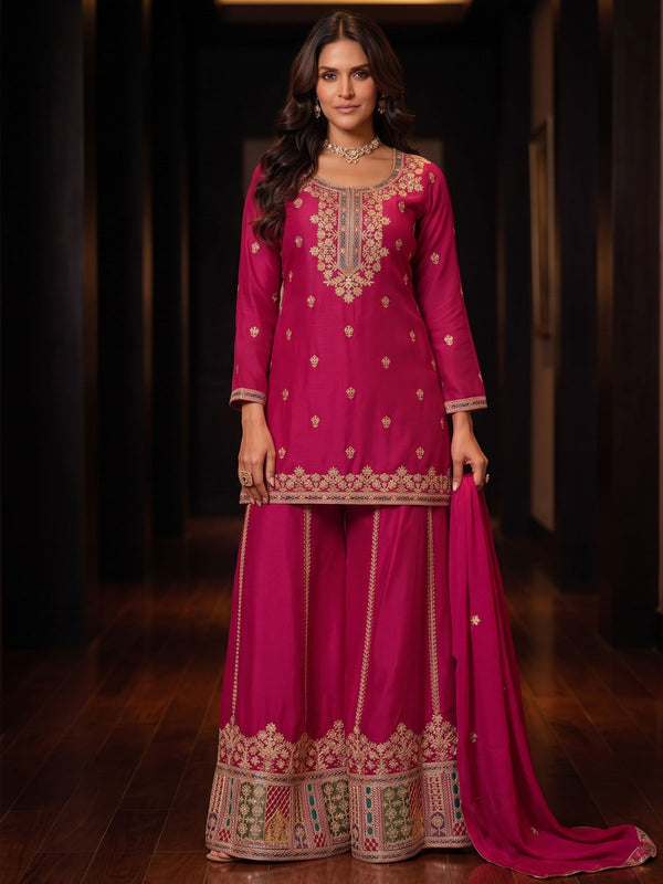 Magenta Chinon Embroiderd Sharara Suit