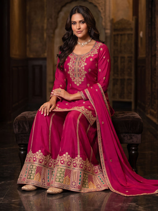 Magenta Chinon Embroiderd Sharara Suit