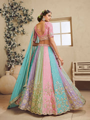 Turquoise Blue Multi Color Kali Georgette Fabric Golden Sequined,Thread,Coding Embroidered Semi-Stitched Lehenga choli