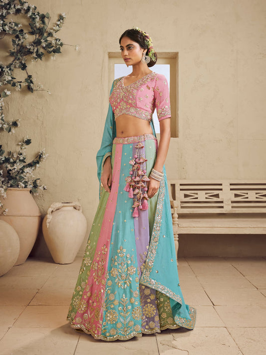 Turquoise Blue Multi Color Kali Georgette Fabric Golden Sequined,Thread,Coding Embroidered Semi-Stitched Lehenga choli