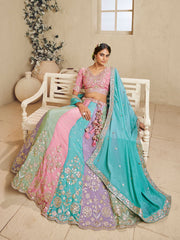 Turquoise Blue Multi Color Kali Georgette Fabric Golden Sequined,Thread,Coding Embroidered Semi-Stitched Lehenga choli