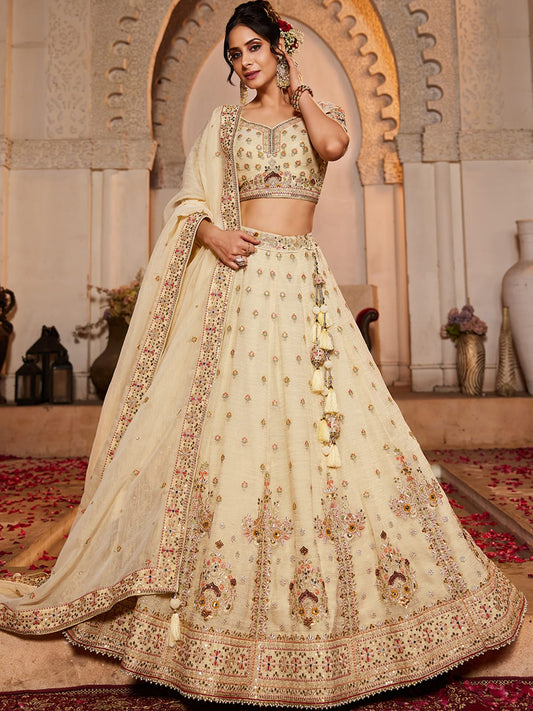 Cream colour Tissue Sequinse embroidery Semi-Stitched Lehenga choli and Dupatta
