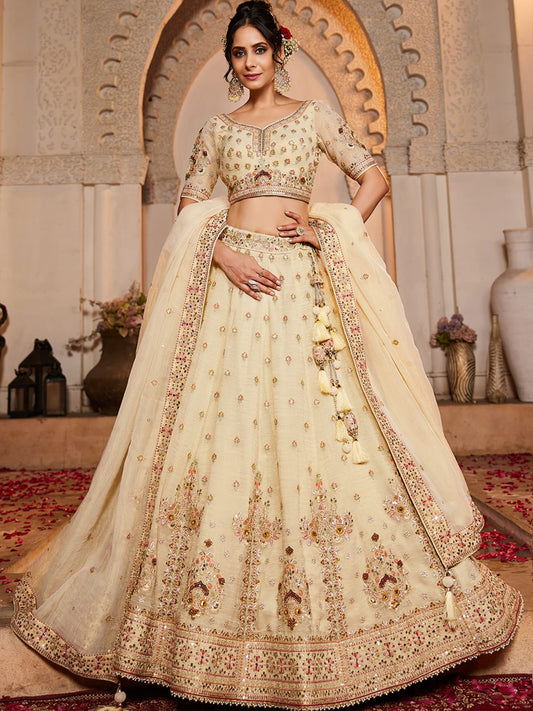 Cream colour Tissue Sequinse embroidery Semi-Stitched Lehenga choli and Dupatta