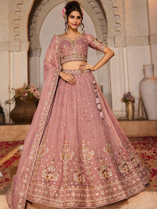 Pink colour Tissue Sequinse embroidery Semi-Stitched Lehenga choli and Dupatta