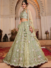 Lime Green Tissue Fabric Sequins embroidery Semi-Stitched Lehenga choli and Dupatta
