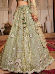Lime Green Tissue Fabric Sequins embroidery Semi-Stitched Lehenga choli and Dupatta