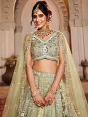 Lime Green Tissue Fabric Sequins embroidery Semi-Stitched Lehenga choli and Dupatta
