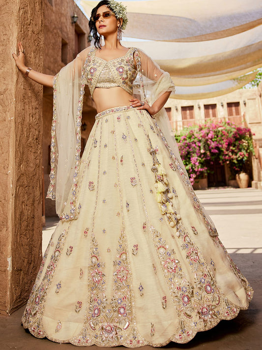 Cream colour Tissue Sequinse embroidery Semi-Stitched Lehenga choli and Dupatta