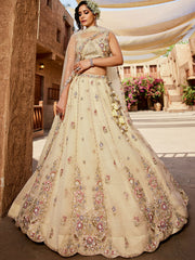 Cream colour Tissue Sequinse embroidery Semi-Stitched Lehenga choli and Dupatta