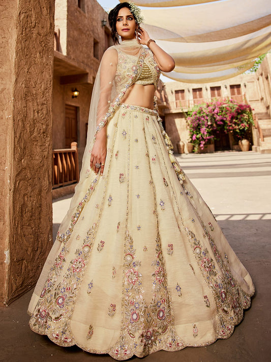 Cream colour Tissue Sequinse embroidery Semi-Stitched Lehenga choli and Dupatta