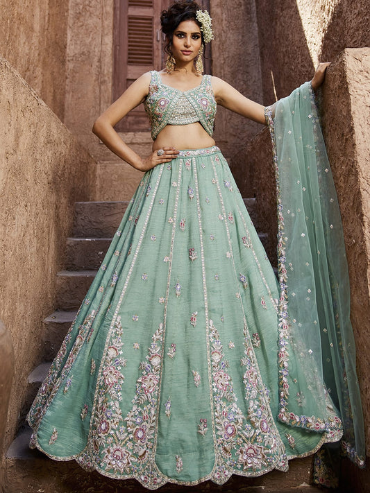 Sea Green colour Tissue Sequinse embroidery Semi-Stitched Lehenga choli and Dupatta