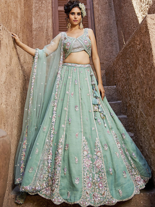 Sea Green colour Tissue Sequinse embroidery Semi-Stitched Lehenga choli and Dupatta