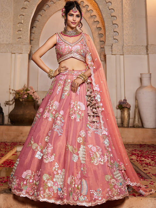 Pink Net Sequinse embroidery Semi-Stitched Lehenga choli and Dupatta