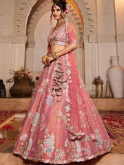 Pink Net Sequinse embroidery Semi-Stitched Lehenga choli and Dupatta