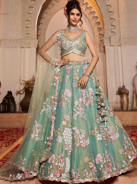 Sea Green Net Sequinse embroidery Semi-Stitched Lehenga choli and Dupatta