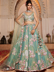 Sea Green Net Sequinse embroidery Semi-Stitched Lehenga choli and Dupatta